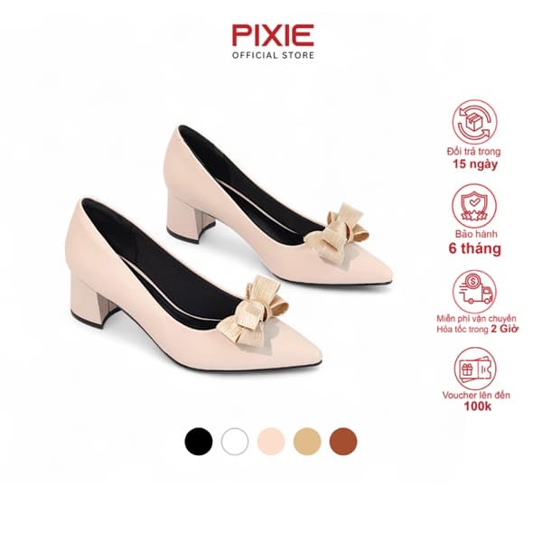 Giày Cao Gót 5cm Đế Vuông Mũi Nhọn Nơ Ấu P284