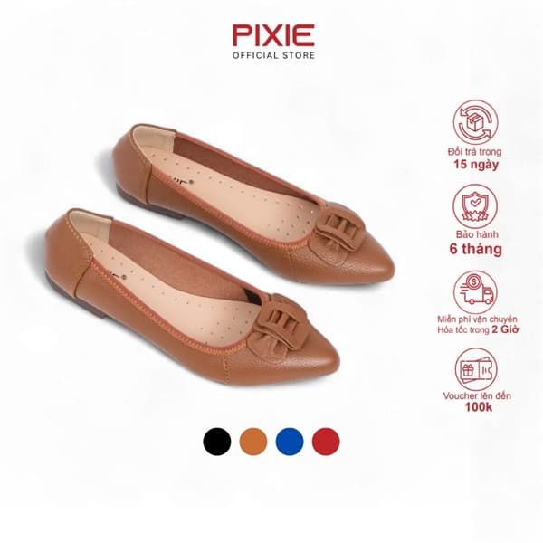 Giày Búp Bê Mũi Nhọn Da Bò Thật Nơ Xếp P126