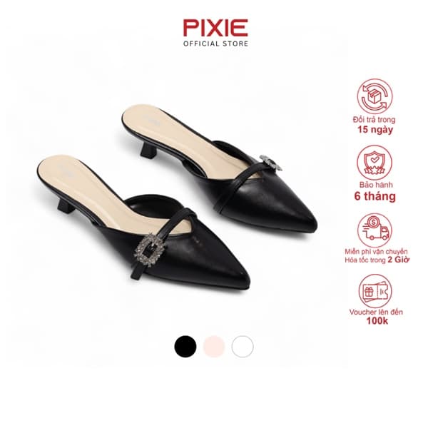 Giày Sục Cao Gót 3cm Quai Cổ Tim Phối Khoá