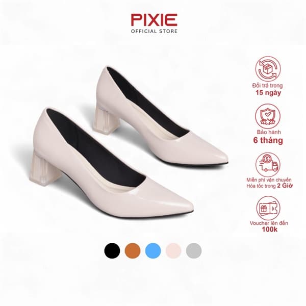 Giày Cao Gót 5cm Da Bóng Mũi Nhọn Đế Vuông Phối Mica P006